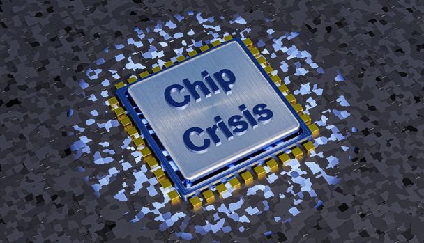 Niedobór chipów, kryzys chipów, renderowanie 3D. 3D ilustracja. - Zdjęcie, obraz