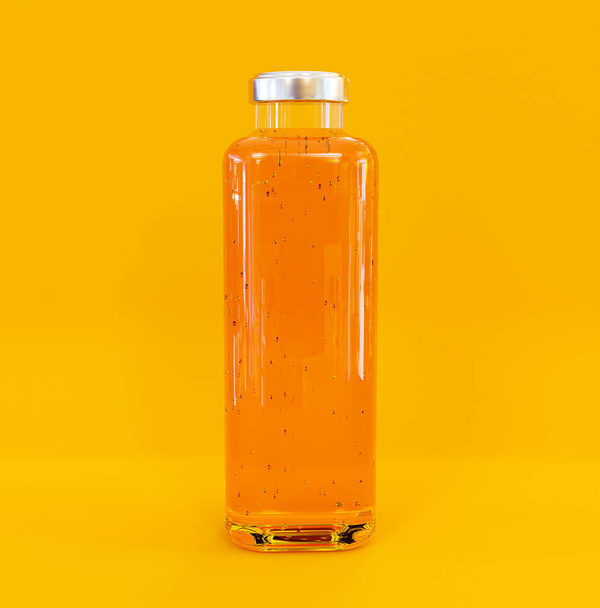 黄色の背景を持つガラス瓶の中の新鮮なオレンジジュース3Dイラスト. - 写真・画像