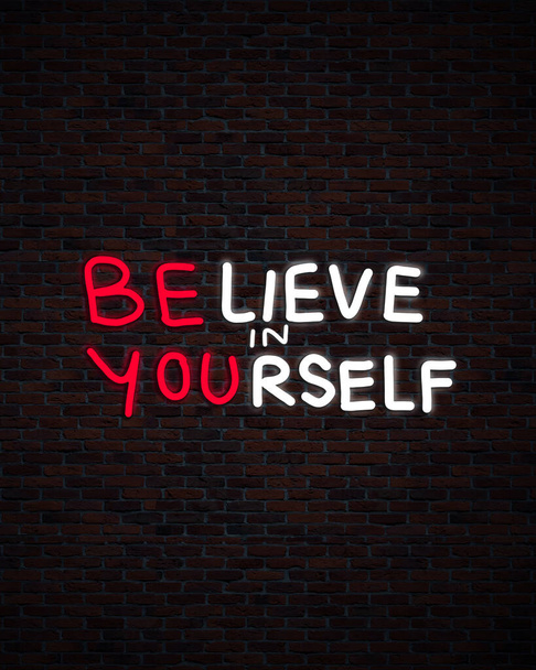 Luz de néon escrita à mão citação inspiradora positiva na parede de tijolo "Acredite em si mesmo" ou "Seja você". Conceito motivacional e de felicidade com um espaço de cópia. - Foto, Imagem