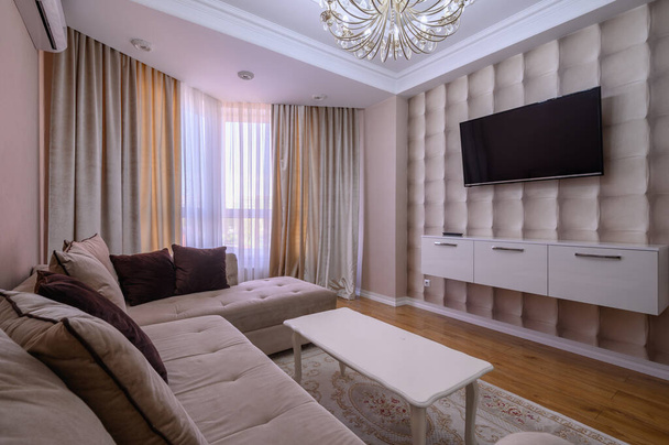 Luxury white and pink modern studio apartment interior with dining area, living area and bedroom - Foto, afbeelding