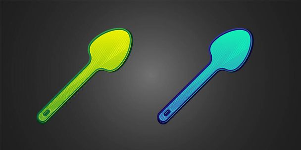 Green and blue Teaspoon icon isolated on black background. Cooking utensil. Cutlery sign. Vector. - Vector, Image