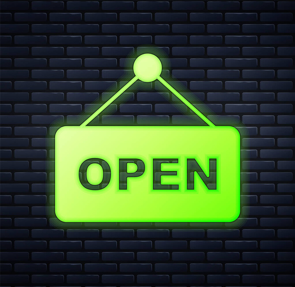 Glowing neon Hanging sign with text Open door icon isolated on brick wall background. Vector. - Vector, Image