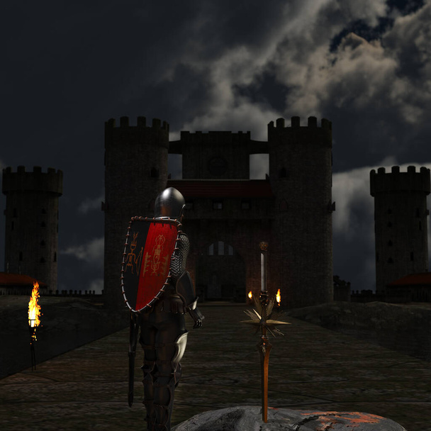 Cavaliere guardando una spada nella pietra, sullo sfondo di un castello medievale - rendering 3d - Foto, immagini