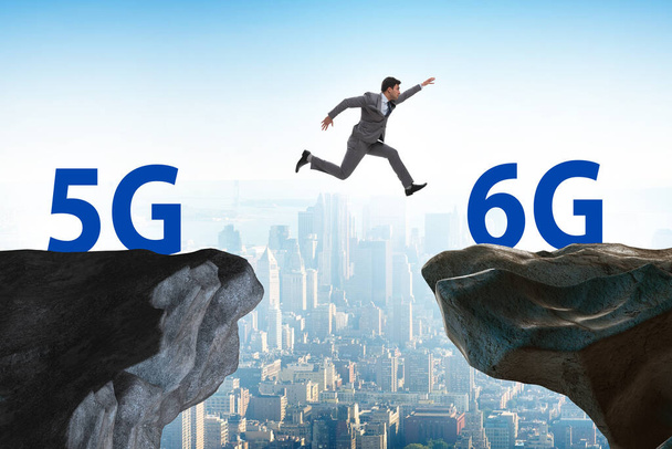 Concept of moving from 5g technology to 6g with jumping people - Photo, Image