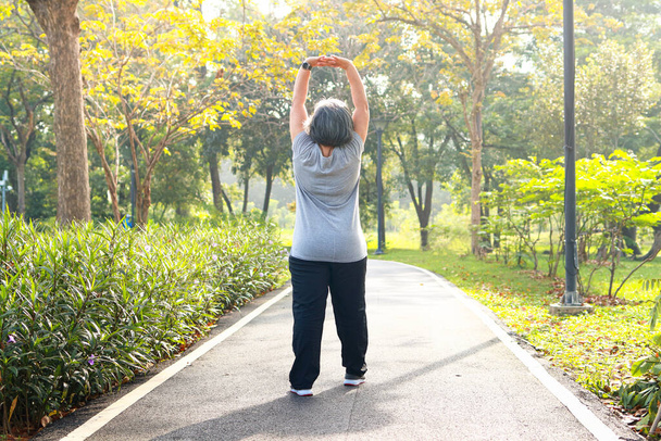 朝、公園をジョギングしているアジア系のお年寄りの女性が健康的な体をしている。高齢者の健康管理の概念は. - 写真・画像