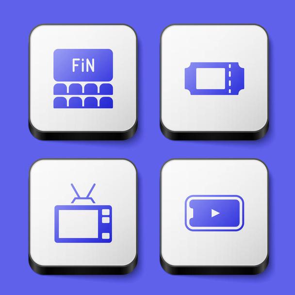 Establecer auditorio de cine con entrada de pantalla Retro tv y Online reproducir icono de vídeo. Botón cuadrado blanco. Vector. - Vector, Imagen