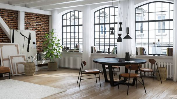 arredamento moderno, soggiorno, tavolo da pranzo, casa nordica, stile scandinavo, rendering 3d - Foto, immagini