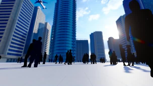 Silueta de hombres de negocios en camino al trabajo en el centro financiero y de negocios - Metraje, vídeo