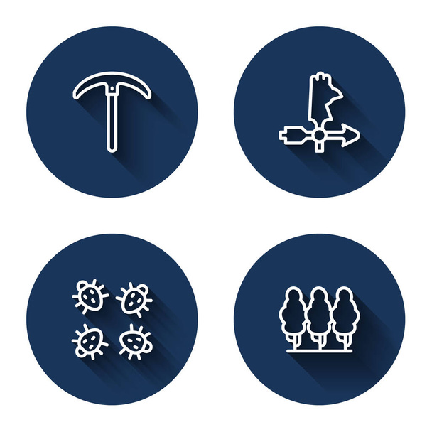 Set line Pickaxe Rooster weather vane Colorado beetle and Fruit trees with long shadow. Blue circle button. Vector. - Vector, Image