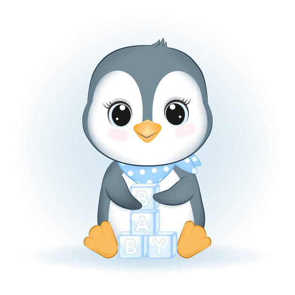 Симпатичный маленький пингвин и детская игрушка, иллюстрация к мультфильму - Вектор,изображение