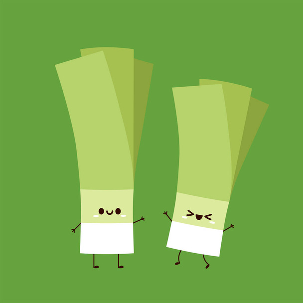 Spring onions character. Spring onions vector. Spring onions on green background. - Vector, Image