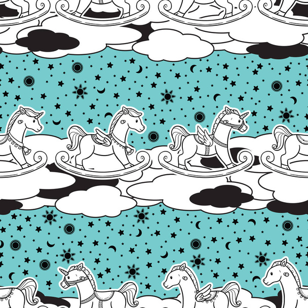A cute and adorable seamless pattern design of rocking horse in many different form. - Photo, Image