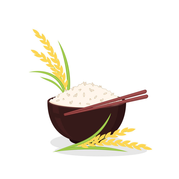 Рис в векторе миски. Японская рисовая карикатура. Пшеница. - Вектор,изображение