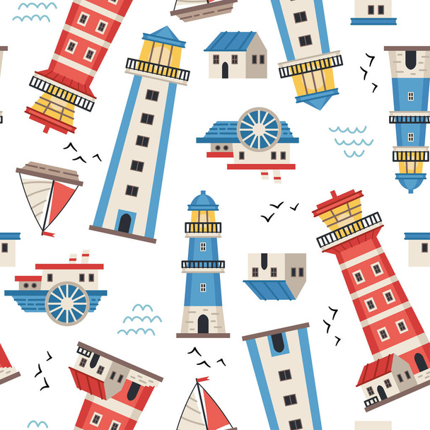 Vector lighthouses seamless pattern. Marine vector background. Nautical elements theme. Sea wallpaper. For children designs, textiles, packaging. Ships, yachts, small houses. - Vector, Image