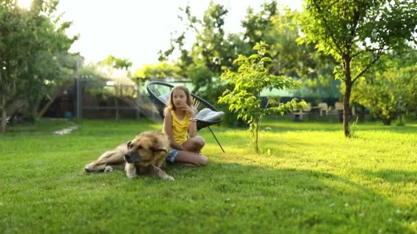 Linda chica y perro viejo disfrutar del día de verano en la hierba en el parque. Niños y animales en el patio trasero de casa, felices. Amor mascotas. - Imágenes, Vídeo