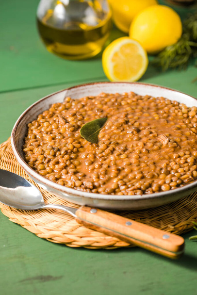 Fakes soup. Lentil soup with tomato sauce garlic and laurel leaf. Greek food. - Foto, immagini