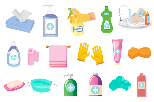 Disinfection and hygiene set. SRubber gloves on hands, medical mask. Bottle of antiseptic spray. Antibacterial flask. Disinfection. Hand hygiene. - Vector, Image