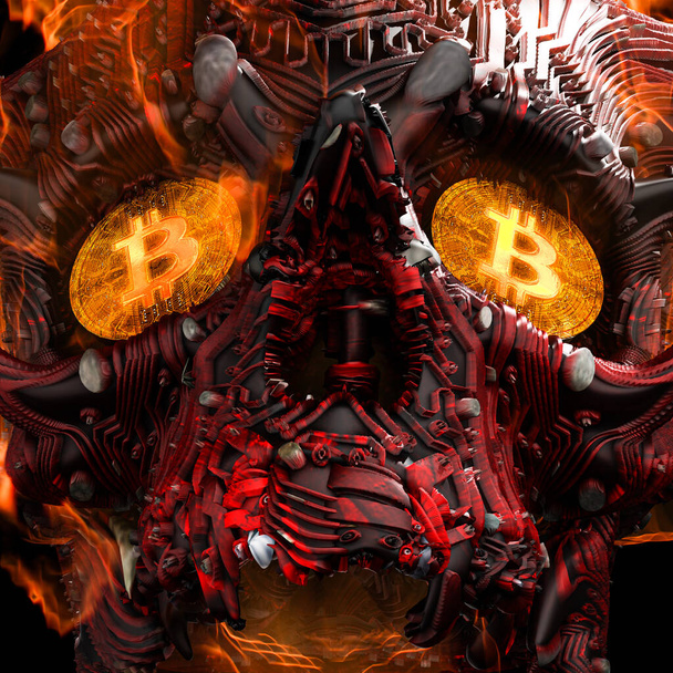 Rendering 3D di un Teschio del Diavolo Cyberpunk in fiamme con Bitcoin nelle orbite degli occhi - Foto, immagini