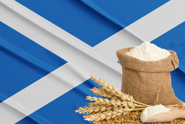 Skotlannin viljakriisi, käsite maailmanlaajuinen nälänhätä kriisi, taustalla Flag Scotland vehnä viljaa. Käsitys vehnän viljelystä Skotlannissa. 3D-työ ja 3D kuva - Valokuva, kuva