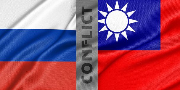 Conflit Russie et Taïwan, guerre entre la Russie et Taïwan, tissu drapeau national Russie et drapeau Taïwan, concept de crise de guerre. Travail 3D et image 3D - Photo, image