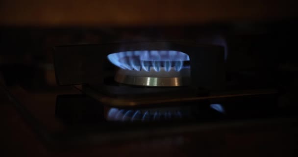 Fiamme blu di un bruciatore a gas sul fornello, primo piano. Concetto crisi del gas nel mondo. Problema dell'approvvigionamento di carburante - Filmati, video