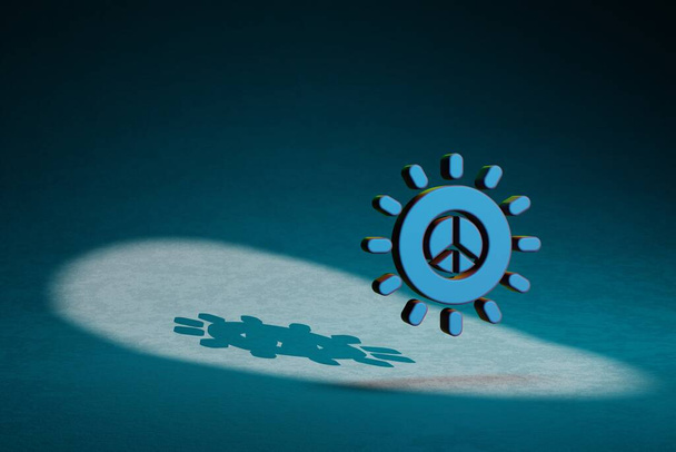 Hermosas ilustraciones abstractas Icono del símbolo del Sol de Paz sobre un fondo azul oscuro. Ilustración de representación 3d. Patrón de fondo para el diseño. - Foto, Imagen