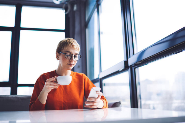 Низький кут зору молодої жінки, що сидить за столом біля вікна з чашкою кави та перегляду смартфона, що проводить вільний час у кафетерії
 - Фото, зображення