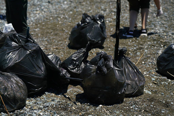 bags of collected garbage from the beach for recycling, cleaning the beach from pollution. High quality photo - Фото, изображение