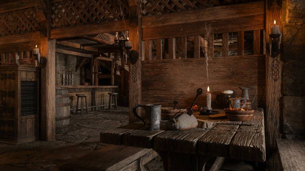 Régi középkori vagy Viking kocsma bár kenyérrel és sörrel az asztalon. 3D illusztráció. - Fotó, kép