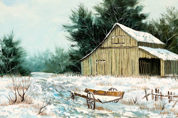 Dipinto ad olio di una vecchia casa fienile e carro in legno nel paesaggio invernale. Natale Vacanza o Old West concetto. - Foto, immagini