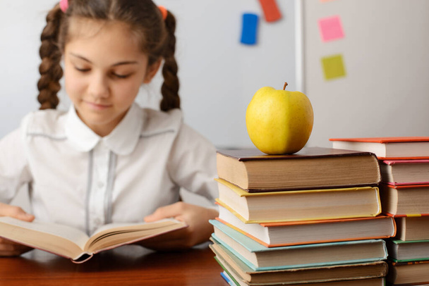 Cheerful student studying in classroom. Small girl reading a book, studying, preparing for classes - Photo, Image
