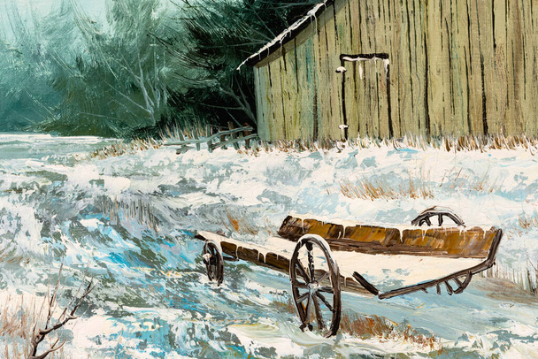 冬の風景の中に古い納屋の家や木製のワゴンの油絵。クリスマス休暇または旧西の概念. - 写真・画像