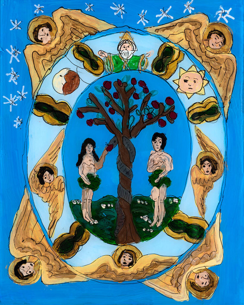 İkon, Adem ve Havva 'yı tasvir eden Doğu Avrupa' nın naif ortodoks tarzında ters cam üzerine boyanmış. Çocuk resmi. - Fotoğraf, Görsel