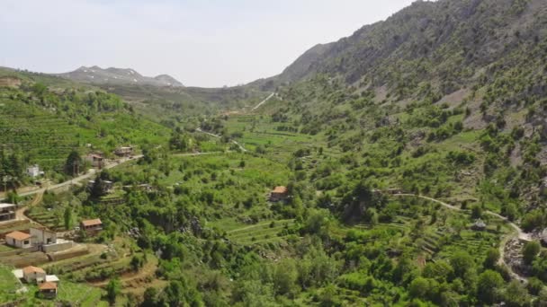 Veduta aerea di un villaggio con piantagioni nelle montagne del Libano. Le case rurali sorgono su una collina dove crescono vigneti e frutteti. Montagne rocciose in un bellissimo paesaggio. - Filmati, video