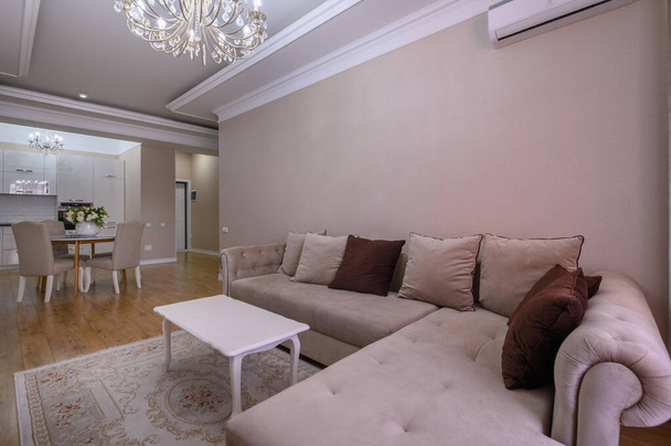 Luxury white and pink modern studio apartment interior with dining area, living area and bedroom - Foto, Imagem