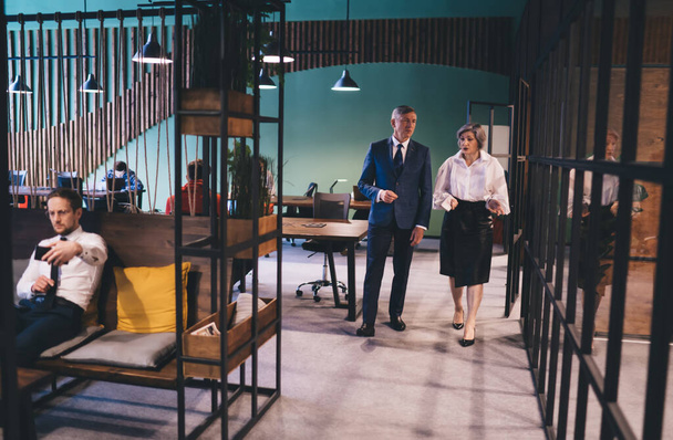 Serious businessman wearing formal suit walking with female colleague in modern office with working people while discussing project details in daytime - Foto, immagini