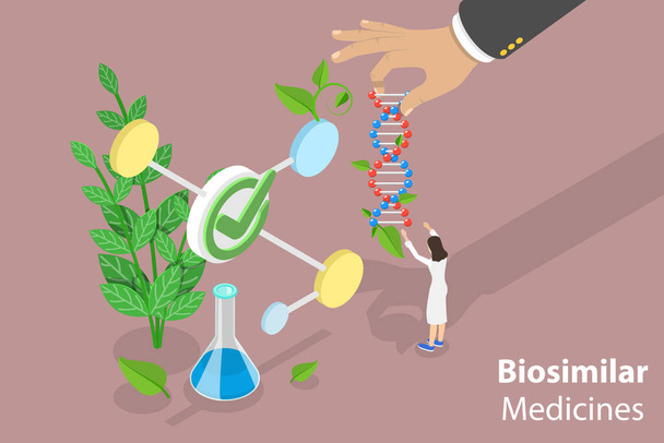 3D ισομετρική επίπεδη διανυσματική εννοιολογική απεικόνιση των βιοπαρόμοιων φαρμάκων, βιομηχανία Bio-Pharma - Διάνυσμα, εικόνα