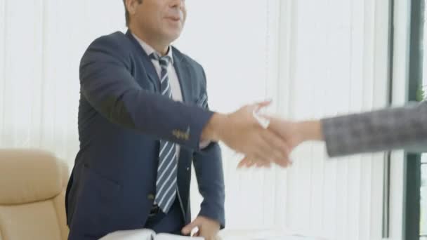Businesswoman and businessman with partnership deal and handshake and greeting in office, woman working and man talking and deal about agreement and shaking hand in team, business concept. - Кадры, видео