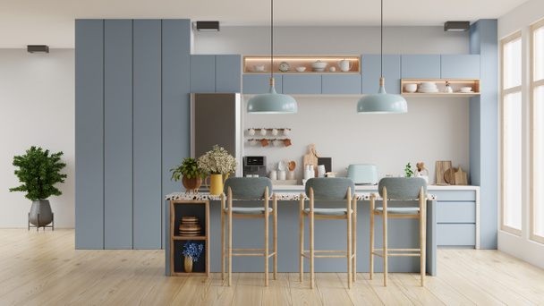 Moderne blauwe keuken interieur met meubels, keuken interieur met witte muur.3d rendering - Foto, afbeelding