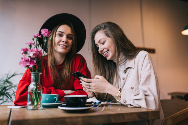 Cheerful female in bright red sweater and hat sitting at wooden table near friend browsing smartphone while resting in cozy cafe - Foto, immagini