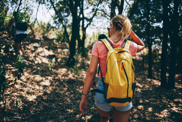 Back view of anonymous man and woman travelers carrying backpacks while hiking together in forest in sunny summer day while wearing casual clothes - Photo, image