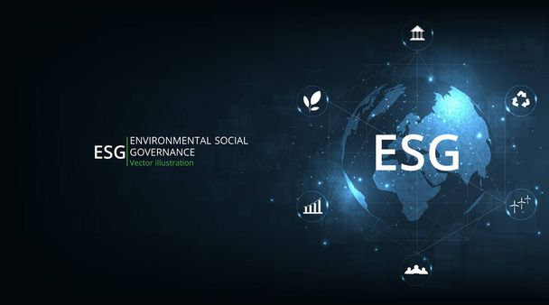 Környezetvédelmi társadalmi és irányítási terv (ESG) .Környezeti, társadalmi és irányítási problémák megoldása sötétkék hátterű figurás ikonokkal. - Vektor, kép