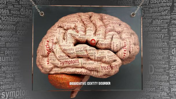 Trastorno de identidad disociativo en el cerebro humano - docenas de términos que describen sus propiedades pintadas sobre la corteza cerebral para simbolizar su conexión con la mente. - Foto, imagen