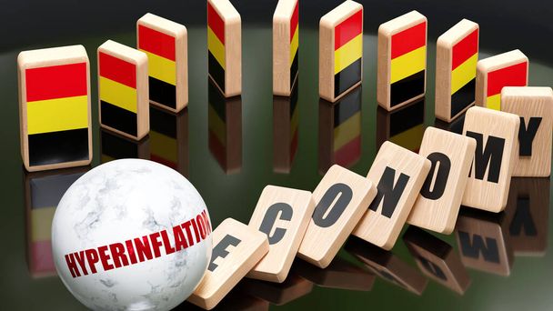 Belgium és a hiperinfláció, a gazdaság és a dominóhatás - a belgiumi láncreakció összeomlást okozó hiperinflációval - gazdasági blokkok és Belgium zászlaja, 3d ábra - Fotó, kép