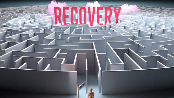 La recuperación y un camino desafiante que conduce a ella - confusión y frustración en su búsqueda, complicado viaje a la recuperación, ilustración 3d - Foto, imagen