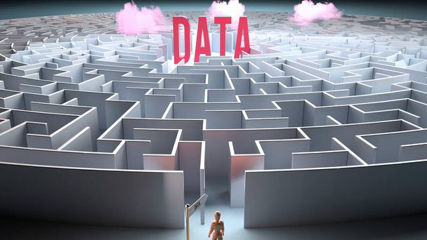 Datos y un camino desafiante que conduce a ella - confusión y frustración en su búsqueda, complicado viaje a los datos, ilustración 3d - Foto, imagen