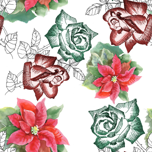 Red and white roses seamless pattern - Foto, Imagem