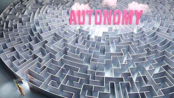Autonomia i trudna droga, zamieszanie i frustracja w poszukiwaniu jej, trudna podróż, która prowadzi do autonomii, ilustracja 3D - Zdjęcie, obraz