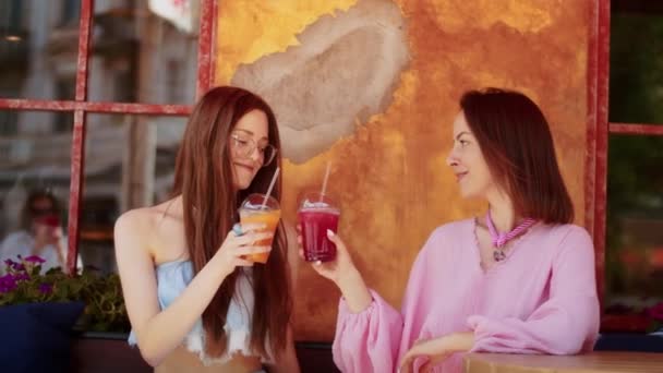 δύο νεαρές κοπέλες απολαμβάνουν νόστιμα κοκτέιλ σε ένα καφέ, περνούν χρόνο σε ένα μέρος, τον τρόπο ζωής το καλοκαίρι - Πλάνα, βίντεο