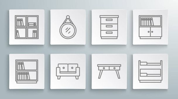 Set line Library bookshelf Mirror Sofa Office desk Bunk bed Furniture nightstand and Shelf with icon. Vector. - Vector, Image